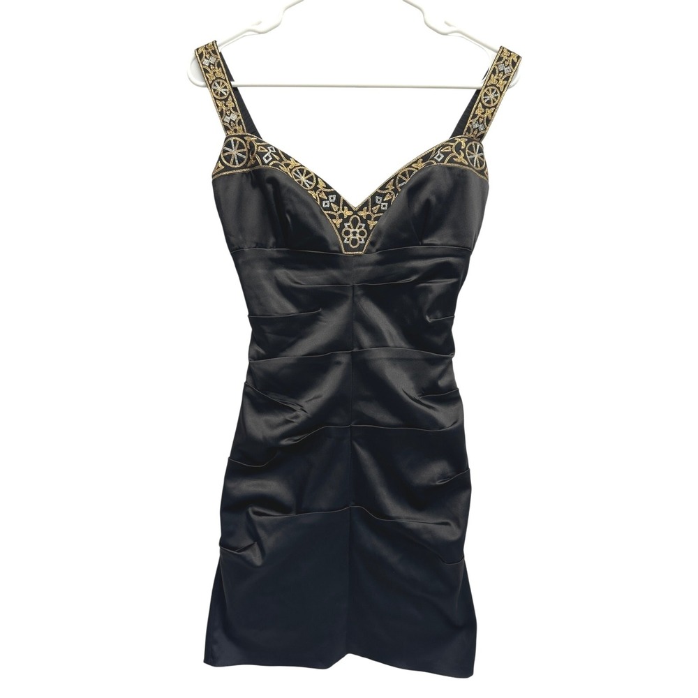 Black Satin Ruched Bodycon Mini Dress Gold Silver Embroidered V-Neck Cocktail